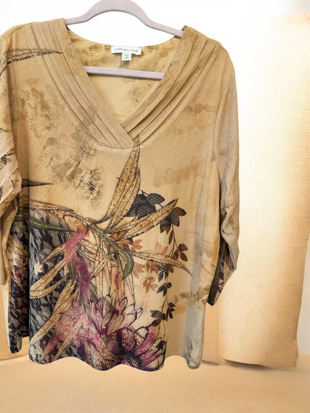 Coldwater Creek Beige Floral V-Neck Tunic with Multicolor Botanical Print.
